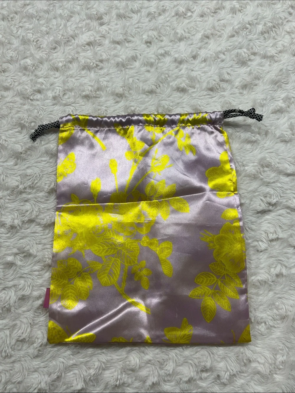 IPSY Satin Floral Drawstring Pouch in Lavender and Bright Yellow Makeup Bag